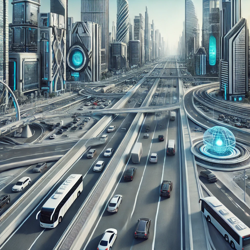 Futuristic cityscape with autonomous vehicles